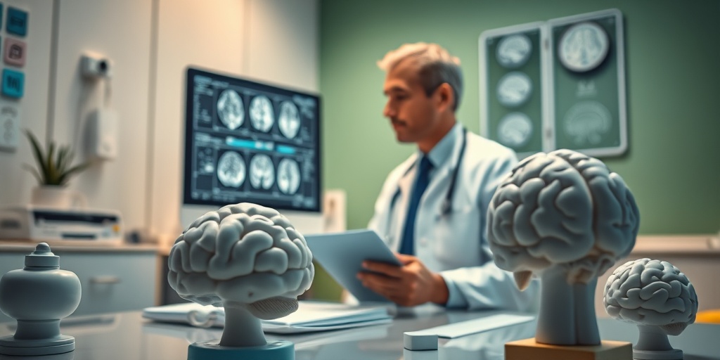 A neurologist examining brain scans in a warm office, with anatomical models and a calming atmosphere.  3.png
