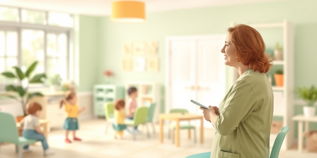 A parent conversing with a caregiver in a bright, welcoming child care facility while observing happy children.  3.png