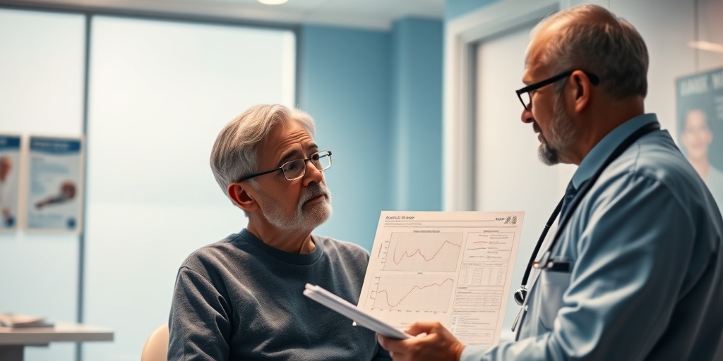 A patient and doctor engage in a discussion about prognosis in a bright clinic, with visual aids enhancing understanding and empathy.5.png