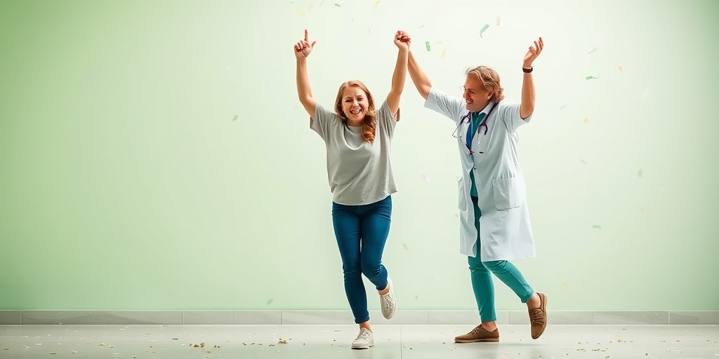 A patient celebrates walking independently for the first time, surrounded by confetti and a joyful therapist in a vibrant atmosphere.  5.png