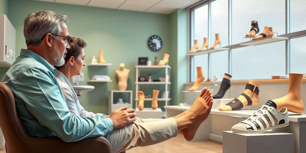 A patient consults with a healthcare professional about Valgus Calcaneus treatments, with anatomical models in a calming clinic setting.  4.png