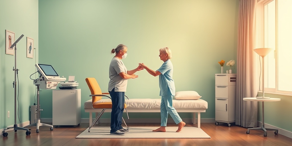 A patient engages in physical therapy exercises in a tranquil green therapy room, guided by a supportive therapist for improved coordination. 4.png