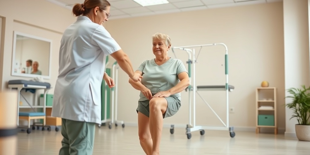 A patient engages in physical therapy post-knee surgery, guided by a therapist in a bright, inviting rehabilitation space.  4.png
