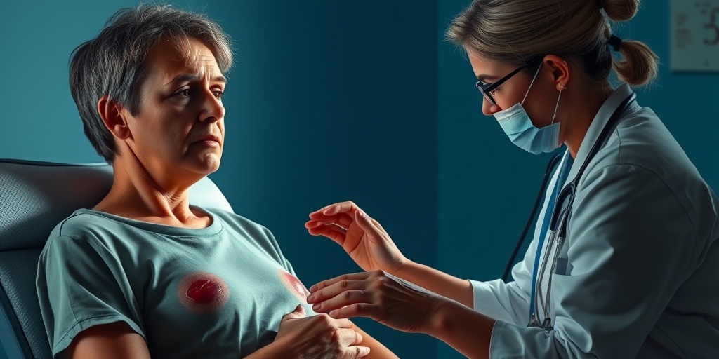 A patient in a clinical setting, showing concern as a healthcare professional examines skin lesions. 2.png