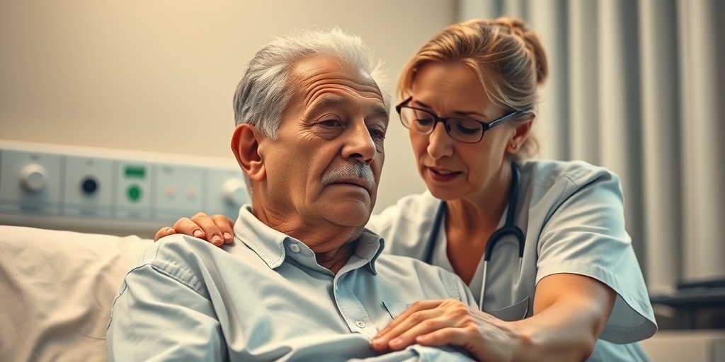 A patient in a clinical setting shows cognitive decline, supported by a compassionate healthcare professional in soft colors.  2.png