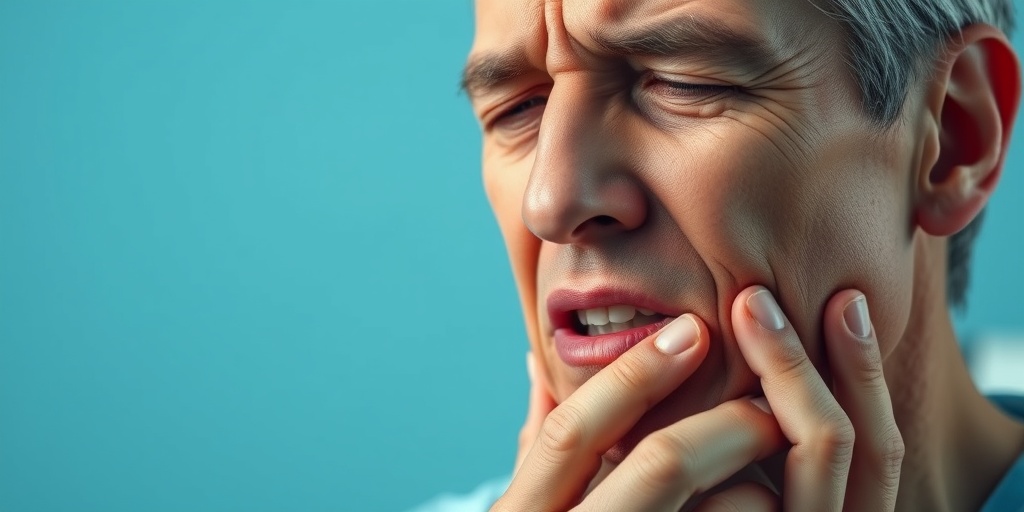 A patient in a clinical setting shows facial swelling and discomfort, with a calming blue background enhancing their expression.  2.png