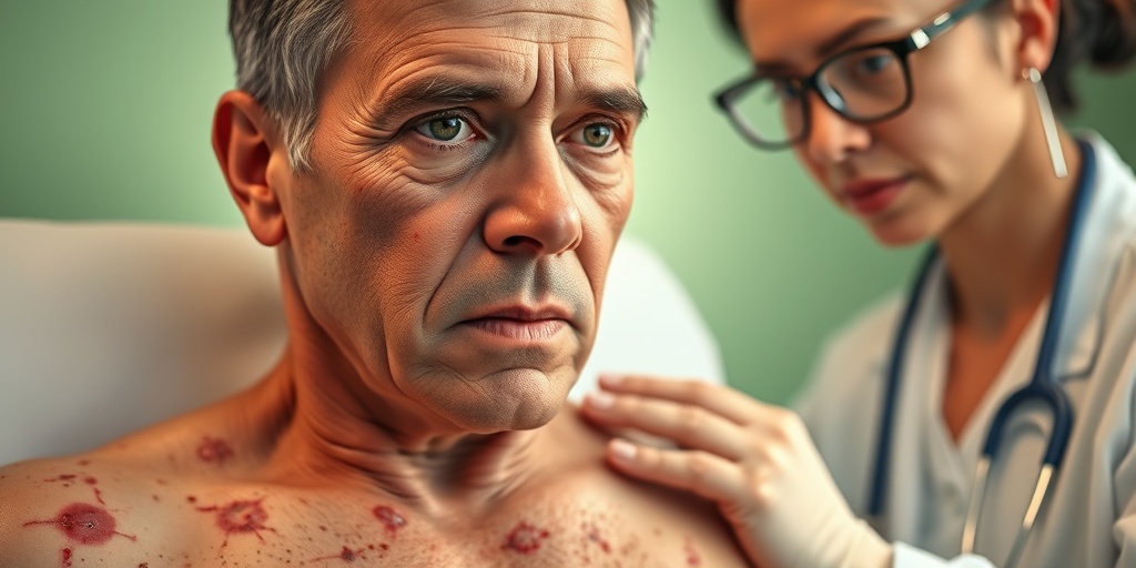 A patient in a clinical setting shows visible skin lesions from the Variola Virus, with a healthcare professional examining them.  2.png