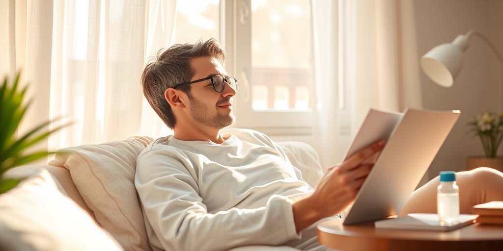 A patient relaxing at home post-LASIK, surrounded by recovery materials and soft natural light, conveying hope and reassurance. 4.png