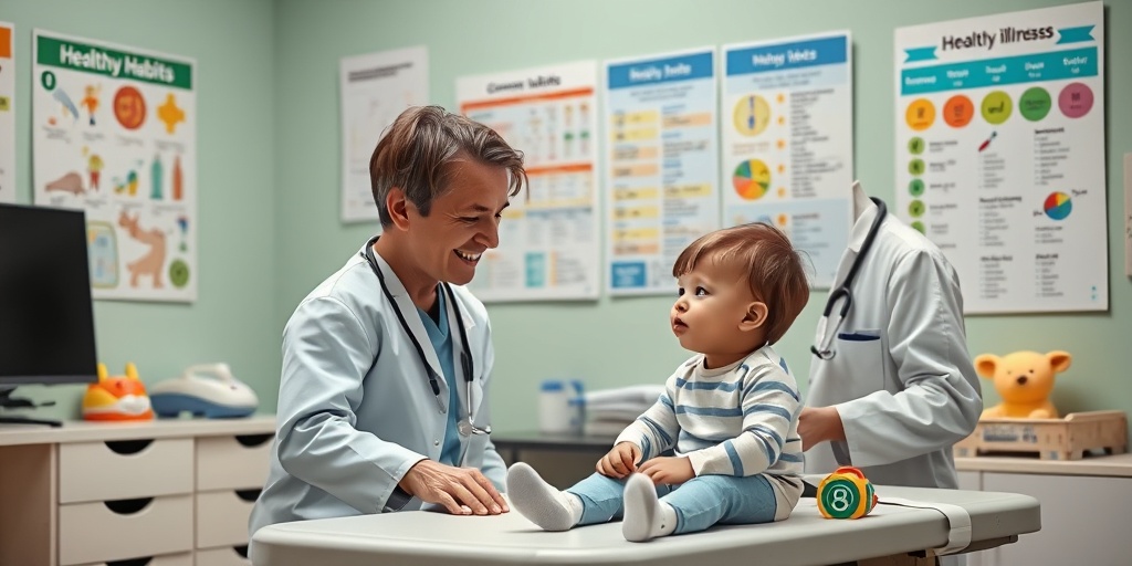 A pediatrician examines a child with a cough, surrounded by medical charts and cheerful toys in a comforting environment.  2.png