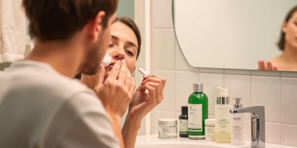 A person follows a skincare routine at a softly lit bathroom counter, emphasizing the importance of consistent care.5.png