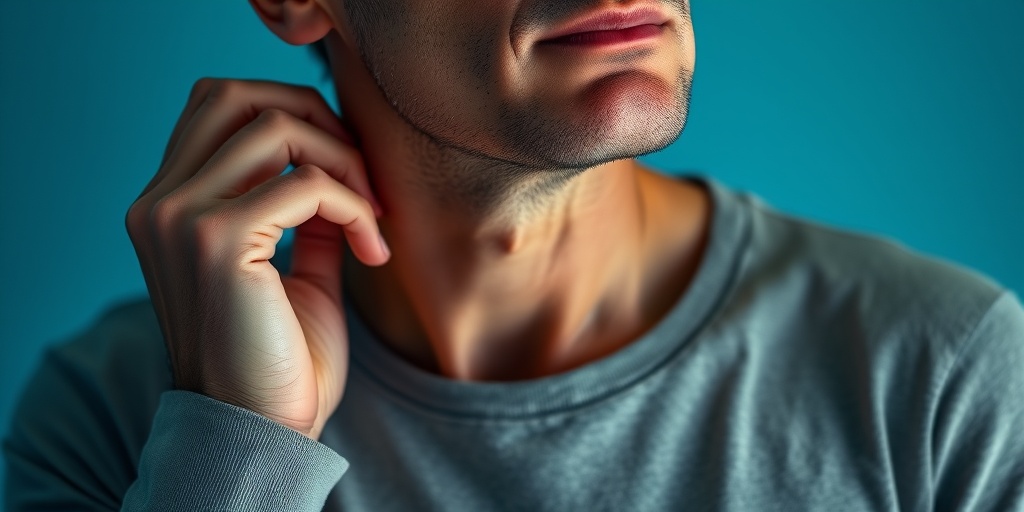 A person gently touches their neck, showing concern for swollen lymph nodes, with a soft blue backdrop enhancing the emotional tone. 2.png