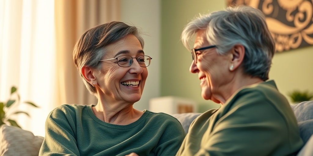 A person living with mandibular ameloblastoma engages in conversation at home, surrounded by soft green tones symbolizing hope.  5.png