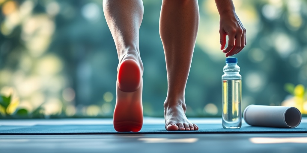 A person performs foot exercises outdoors, emphasizing prevention of Valgus Calcaneus, with a serene blue and green background.  5.png