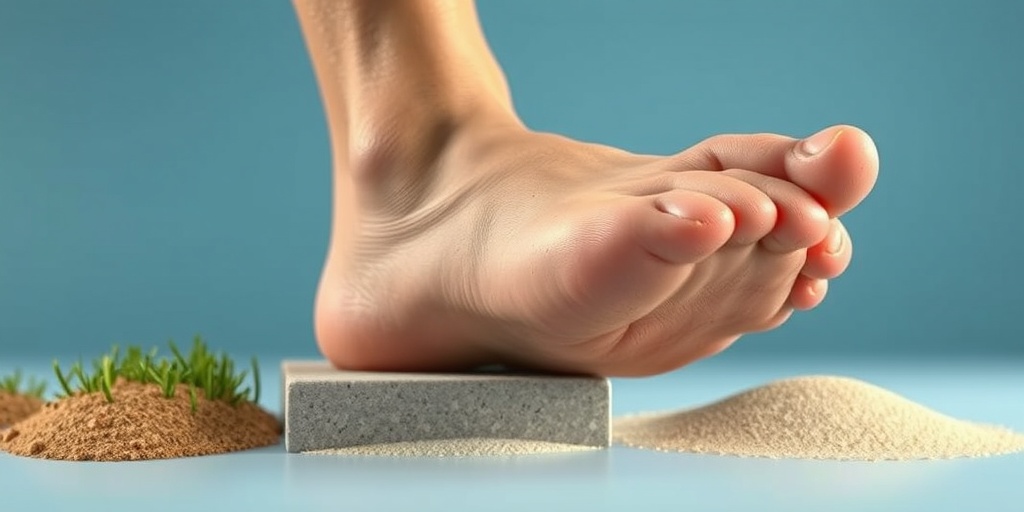 A person stands barefoot on various surfaces, illustrating callus development, with a calming blue background enhancing the foot's details.  3.png