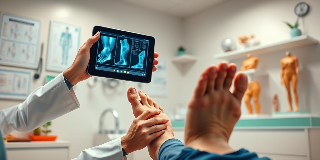 A podiatrist uses a digital tablet to diagnose toe conditions in a modern clinic environment.3.png