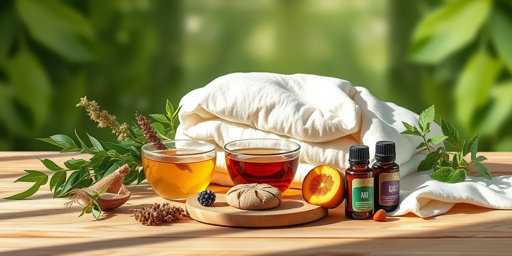 A serene display of home remedies for swollen lymph nodes, featuring herbal teas and oils on a wooden table in natural light. 5.png