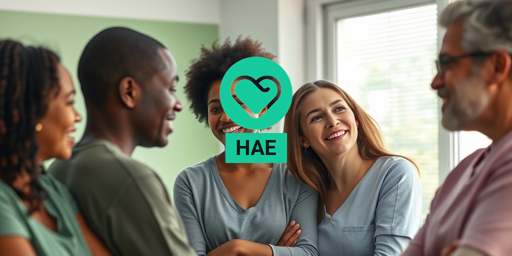 A serene healthcare environment with diverse individuals affected by HAE, showcasing resilience and community support. β’ Yesil Health AI