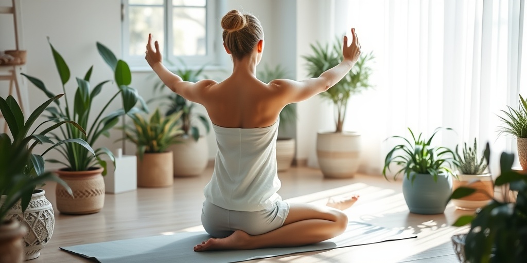 A serene yoga practice in a sunlit room, surrounded by plants, promoting tranquility and healing from winter blues.  4.png