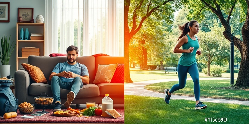 A split-screen contrasts a sedentary lifestyle with junk food against an active individual jogging, showcasing lifestyle choices' impact on health. 3.png