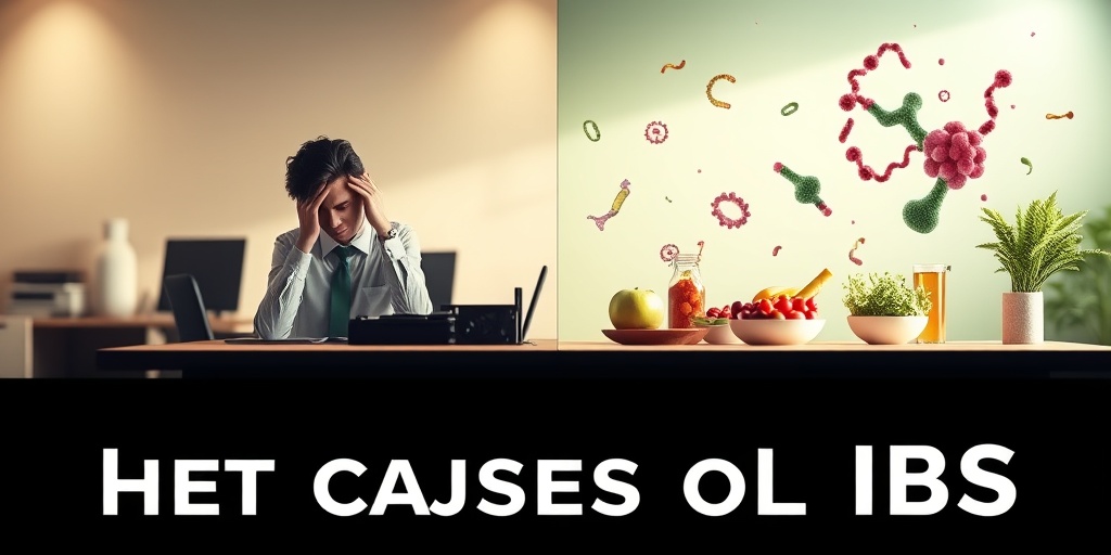 A split-screen illustrates IBS causes: stress in an office and unhealthy food choices, highlighting the contrast between chaos and health.3.png