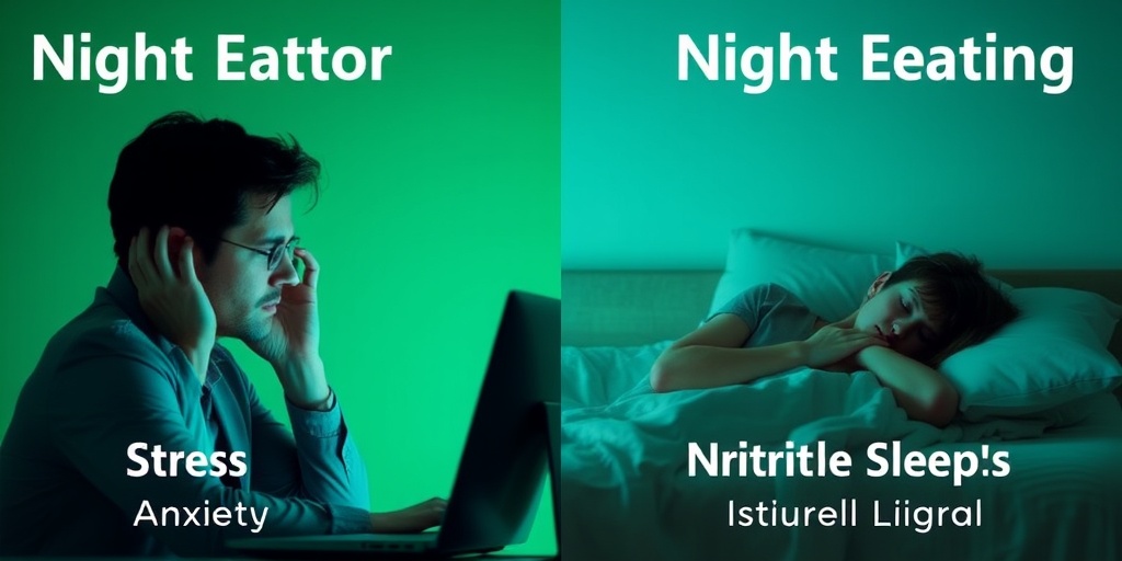 A split-screen image illustrating stress and sleep struggles, emphasizing the emotional impact of night eating.  3.png