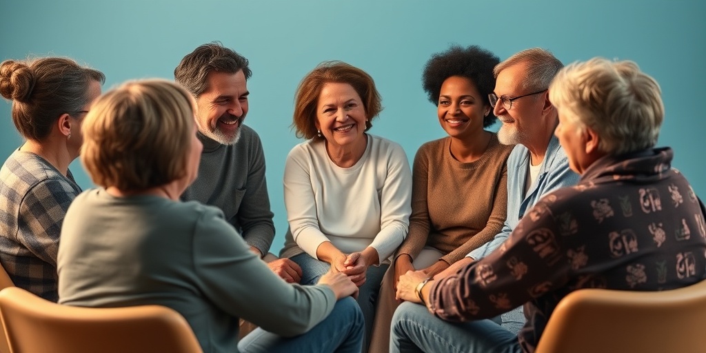 A support group meeting for individuals with vitiligo, capturing empathy and connection among participants in a calming blue atmosphere. 5.png