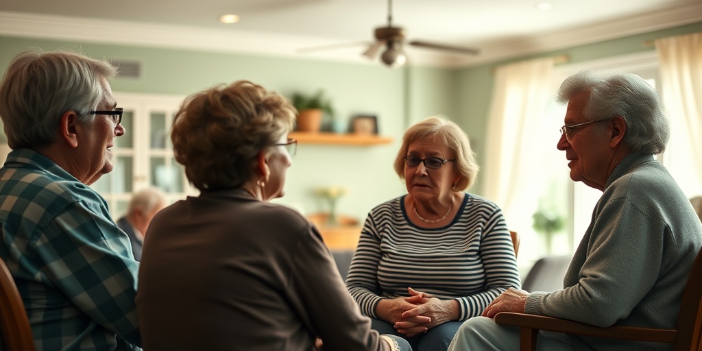 A support group meeting in a community center, filled with empathy as individuals share experiences related to Huntington's Disease.5.png
