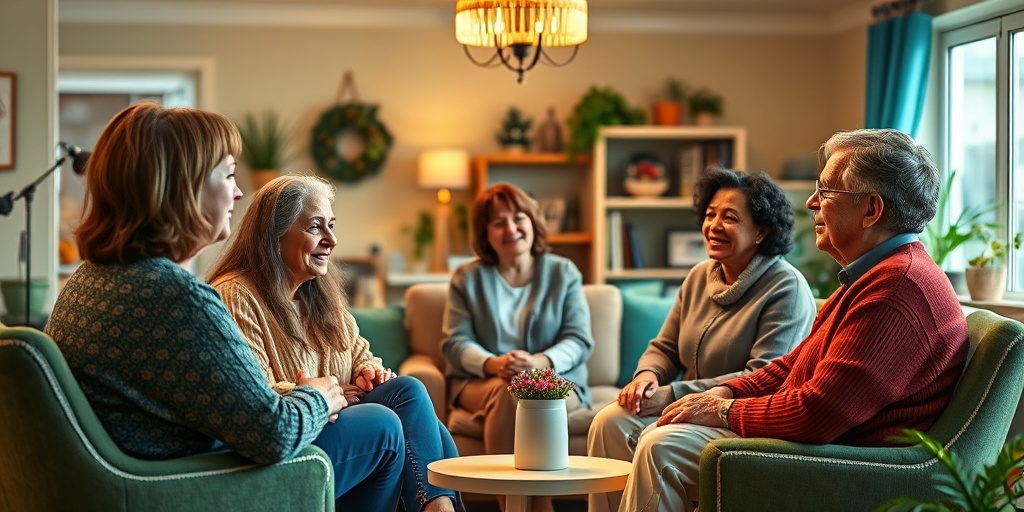 A support group meeting in a cozy center, where diverse individuals share experiences, fostering community and hope.  5.png