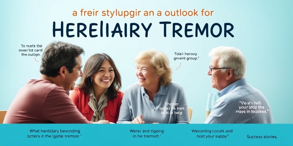 A support group shares coping strategies for hereditary benign tremor, surrounded by a soft blue backdrop that symbolizes hope and community. 5.png