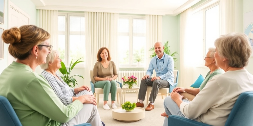 A supportive group therapy session where patients share experiences, fostering community and resilience in a bright room. 3.png