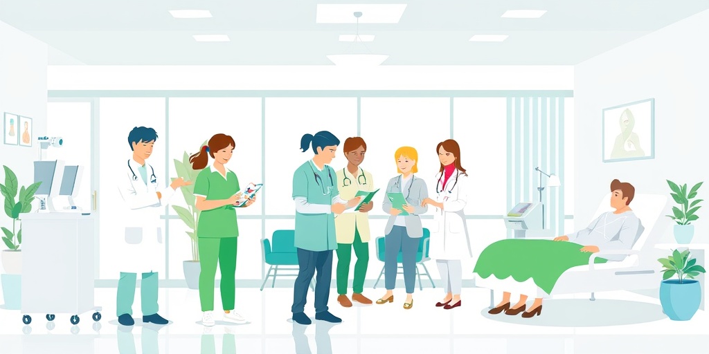 A team of healthcare providers collaborating in a bright, modern facility, showcasing various aspects of hospice care services.  3.png