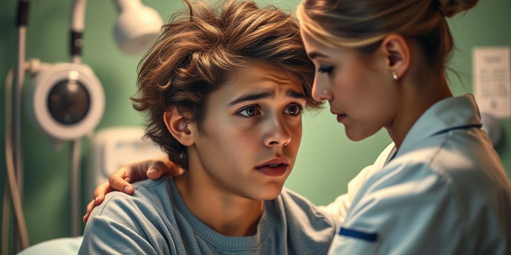 A teen receives support from a healthcare professional in a medical setting, showcasing hope amidst substance abuse challenges.  4.png