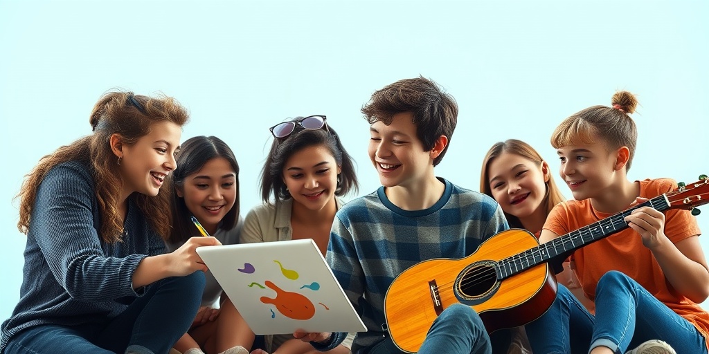 A teenager with Hunter Syndrome engages in a creative hobby, surrounded by friends, reflecting joy and community support.  5.png