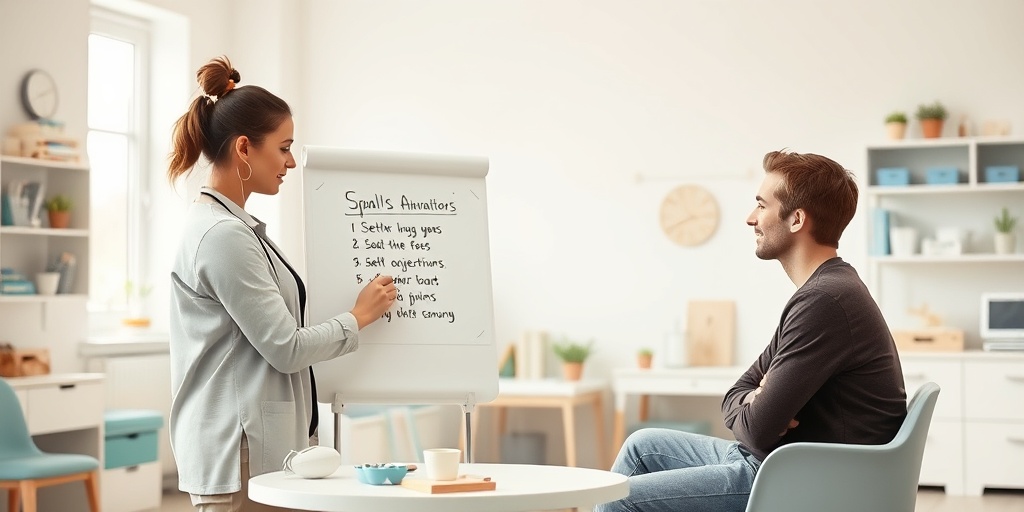 A therapist and patient collaboratively set achievable goals in a bright therapy room filled with supportive resources.  4.png