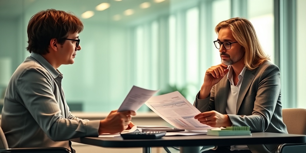 A thoughtful patient discussing LASIK costs with an advisor in a modern office, surrounded by financial documents and supportive elements. 5.png