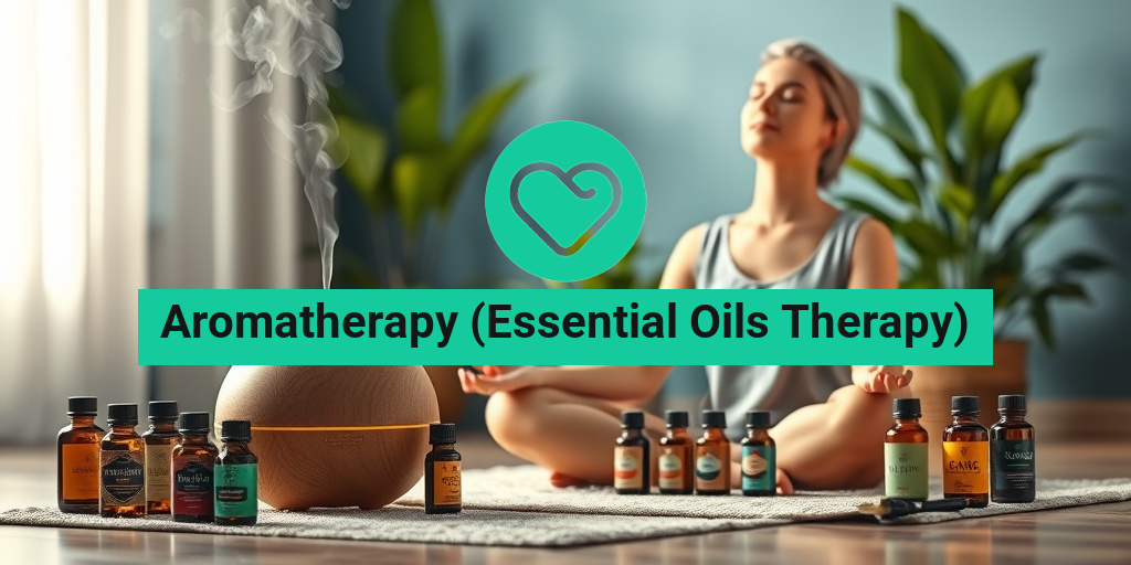 A tranquil aromatherapy session in a softly lit room with a wooden diffuser and colorful essential oil bottles. • Yesil Health AI