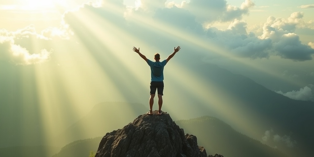 A triumphant individual stands on a mountain peak, symbolizing the journey and achievements in maintaining a healthy lifestyle.  5.png