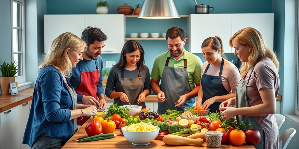A vibrant kitchen scene where diverse individuals prepare a healthy meal, emphasizing community support for PBC management.  4.png