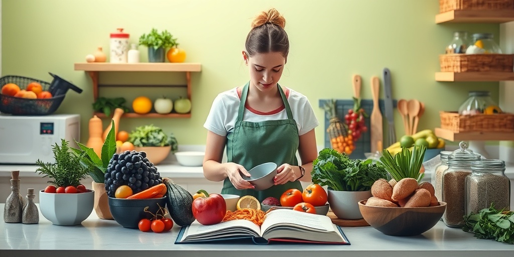A woman prepares IBS-friendly meals in a well-organized kitchen, surrounded by fresh produce and an open recipe book.5.png