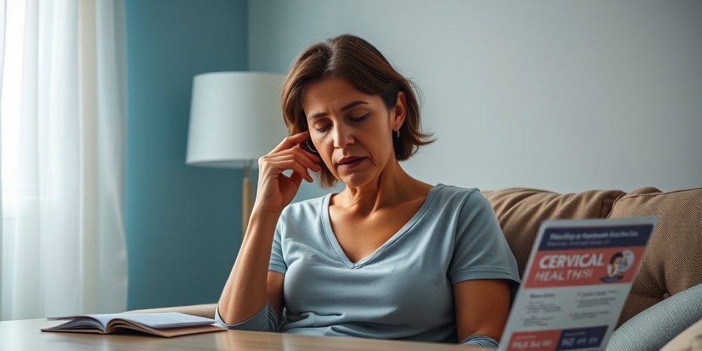 A woman sits thoughtfully in a softly lit room, showing concern over cervical ectropion symptoms with a health pamphlet nearby.  2.png