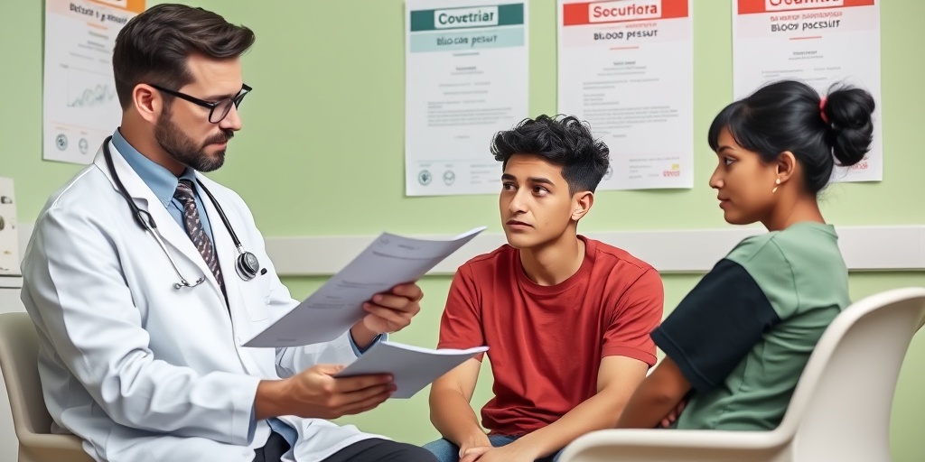 A young adult discusses blood pressure concerns with an empathetic doctor in a calming office, emphasizing the importance of consultation. 5.png