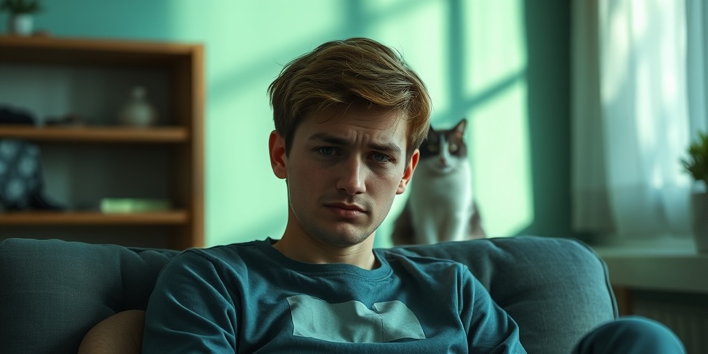 A young adult shows fatigue and confusion in a softly lit room, hinting at Toxoplasmosis symptoms.  2.png