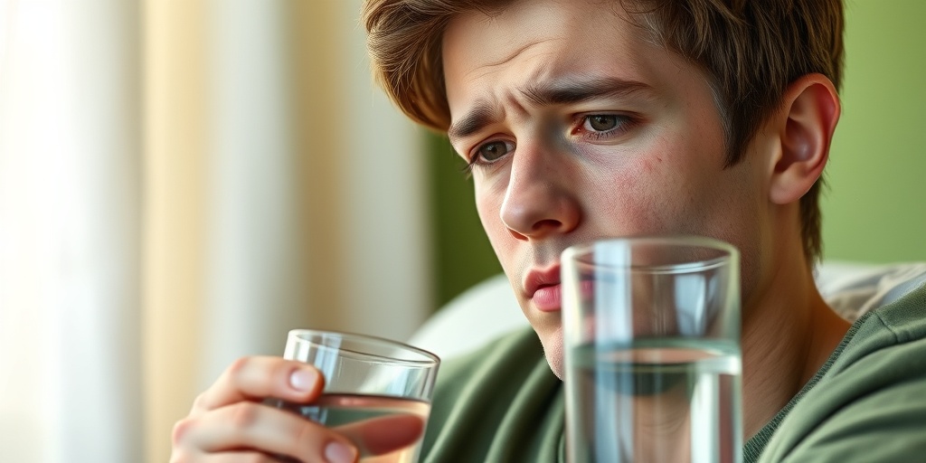 A young adult shows fatigue and pallor, holding water in a calming, well-lit room.  2.png