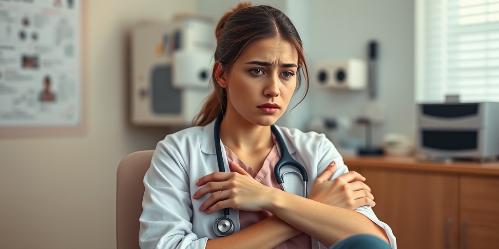 A young woman in a doctor's office, visibly uncomfortable with a rash, surrounded by medical elements in a warm atmosphere.  2.png