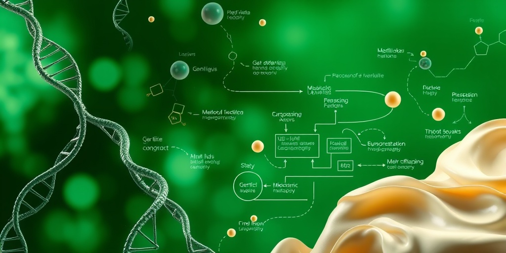 Abstract representation of lipodystrophy causes, featuring DNA strands and metabolic pathways in a serene green and white backdrop.  3.png