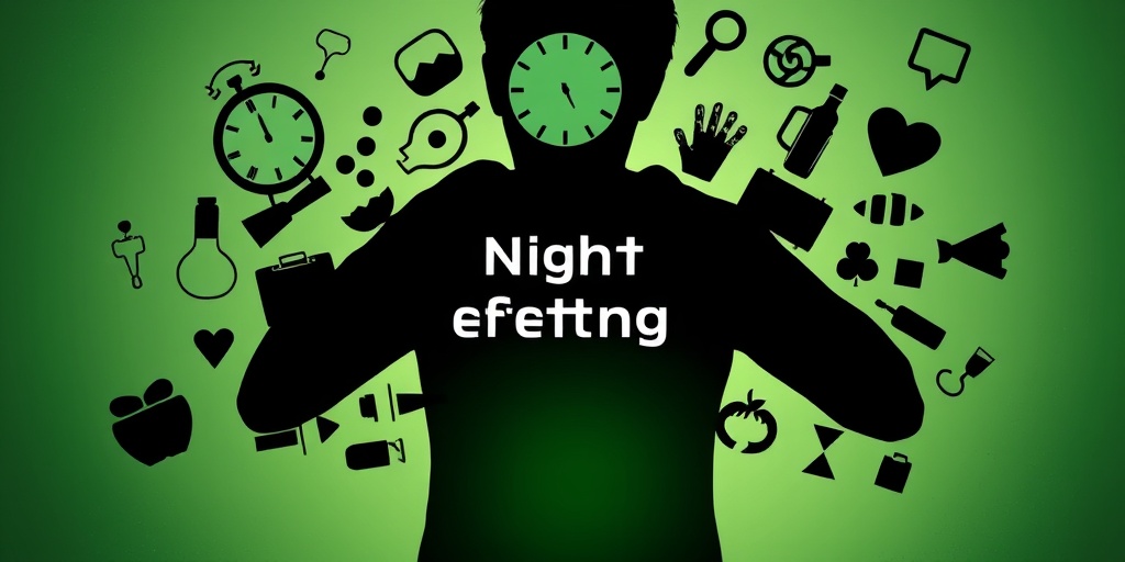 An abstract silhouette surrounded by clocks and food items, symbolizing the long-term effects of night eating on health.  5.png