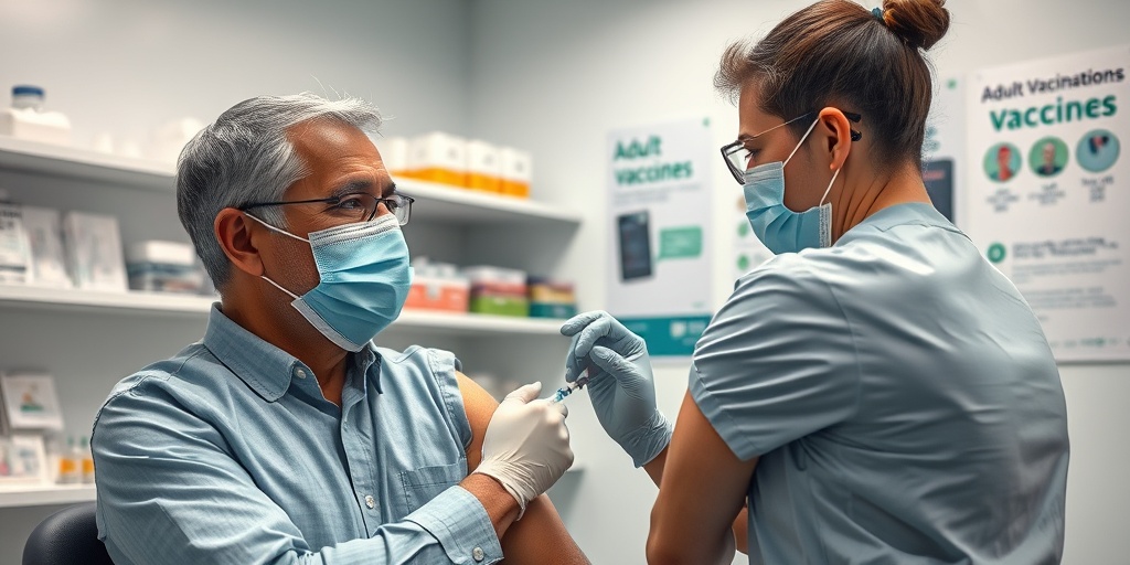 An adult receives a vaccine in a well-lit office, with a reassuring healthcare provider administering the shot.  2.png