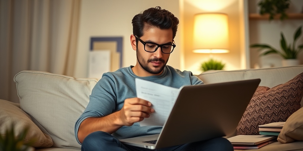 An adult reviews vaccination records at home, surrounded by health materials, highlighting responsibility and care for personal health.  5.png
