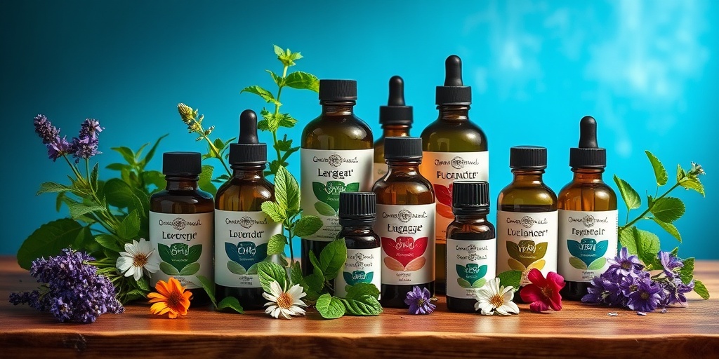 An artistic arrangement of essential oils on a wooden table, complemented by fresh herbs and flowers.  3.png