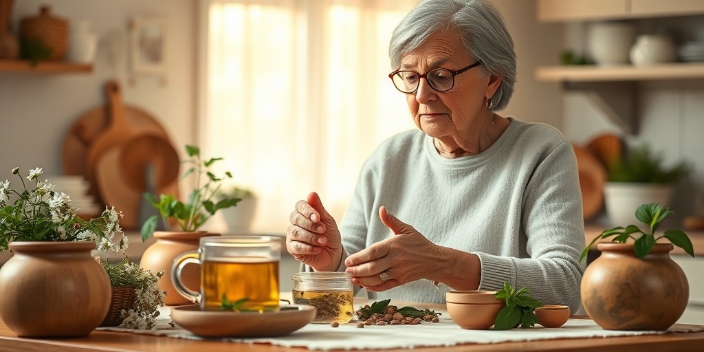 An elderly woman prepares herbal teas in a cozy kitchen, surrounded by natural ingredients, embodying self-care and empowerment.  4.png